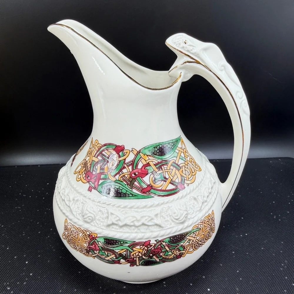 Cre Irish Porcelain Celtic Pitcher Galway Ireland Serpent Handle Gold Trim 7in‎